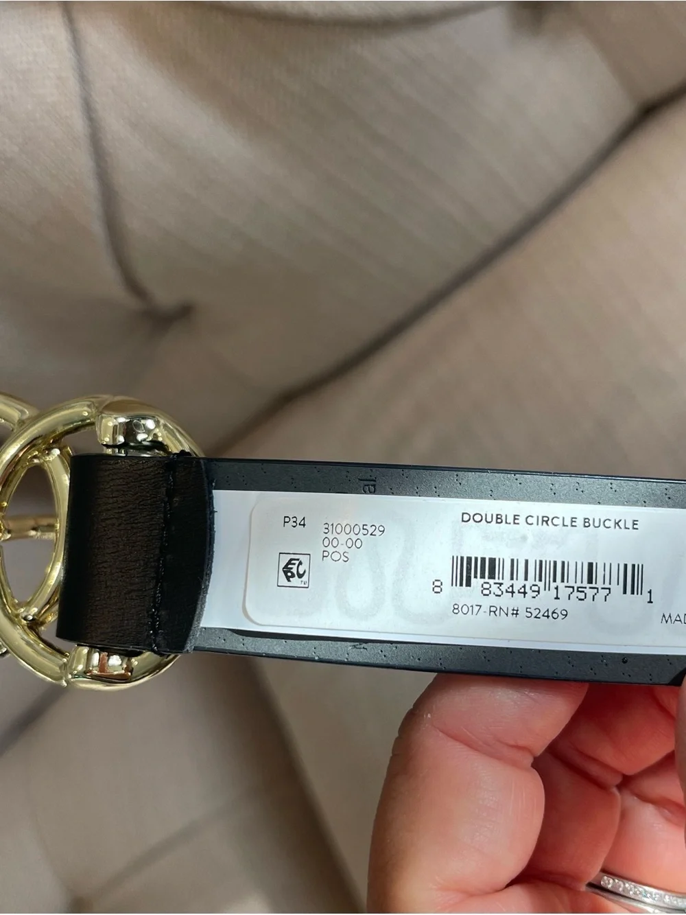 Black Leather-Look Belt with Gold Double Loop Buckle Womens XL